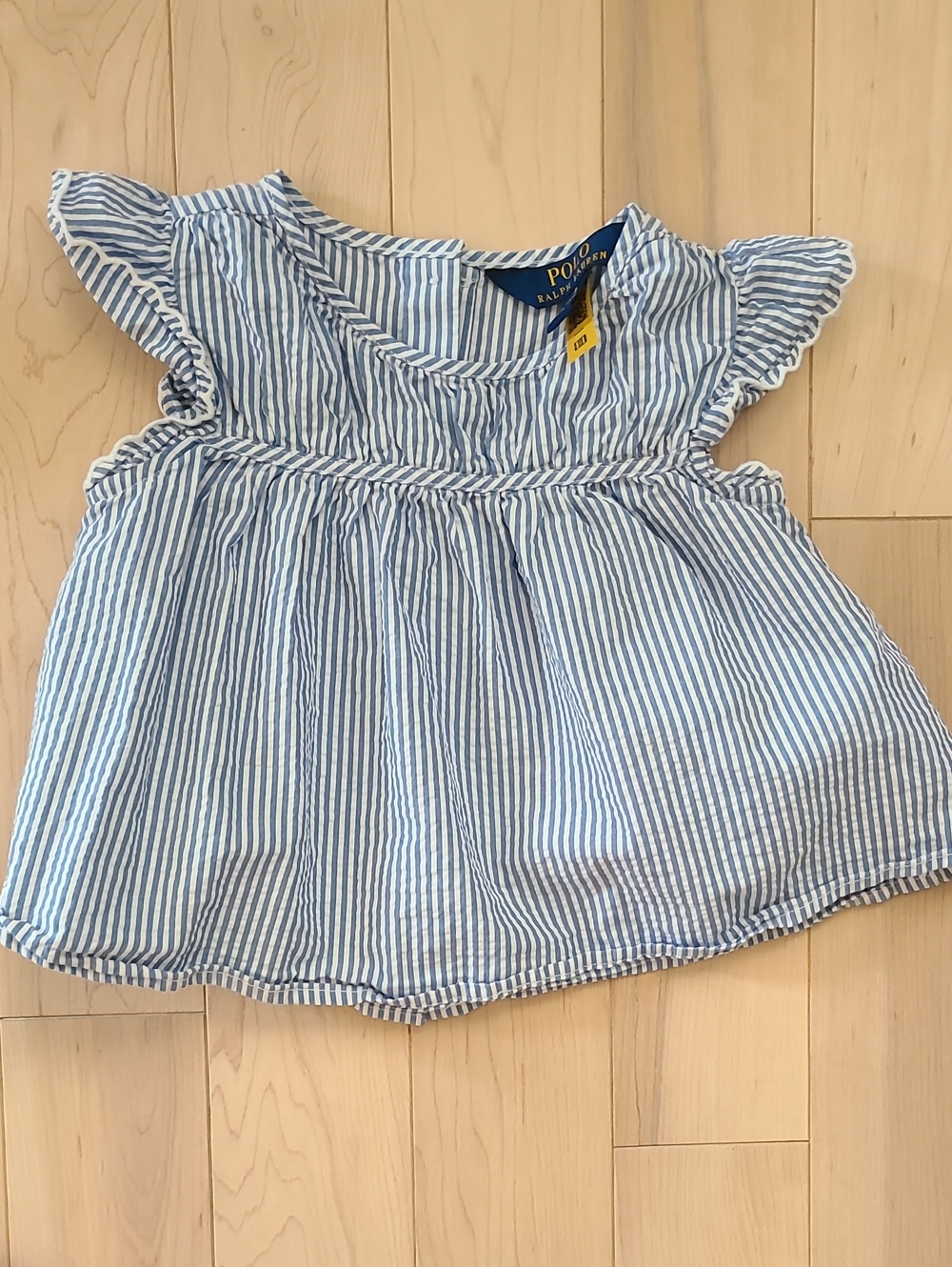 Ralph Lauren Blue & White Striped Cotton Top with Flutter Sleeves